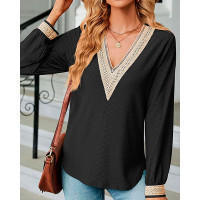 Contrast Lace Hollow-out Textured Casual Top - black