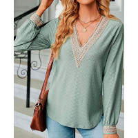 Contrast Lace Hollow-out Textured Casual Top - green