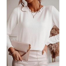 Contrast Lace Knot Back Long Sleeve Top - white