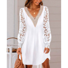 Contrast Lace Lantern Sleeve Casual Dress - white