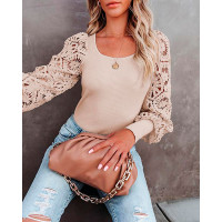 Contrast Lace Lantern Sleeve Ribbed Top - Apricot