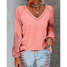 Contrast Lace Lantern Sleeve Top - pink