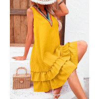 Contrast Lace Layered Ruffles Casual Dress - yellow