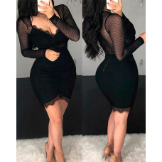 Contrast Lace Long Sleeve Bodycon Dress - black