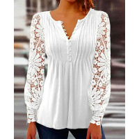 Contrast Lace Long Sleeve Button Front Top - white