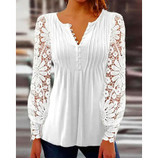 Contrast Lace Long Sleeve Button Front Top - white