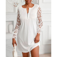 Contrast Lace Long Sleeve Casual Dress - white