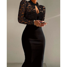 Contrast Lace Long Sleeve Cutout Bodycon Dress - black