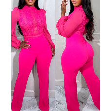 Contrast Lace Long Sleeve Jumpsuit - hot pink