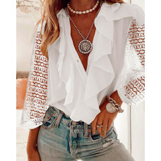 Contrast Lace Long Sleeve Ruffle Hem Top - white