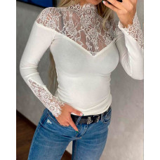 Contrast Lace Long Sleeve Skinny Tee - white