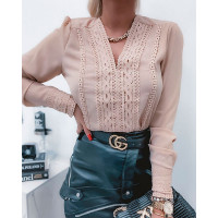 Contrast Lace Long Sleeve Top - Apricot