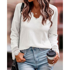 Contrast Lace Long Sleeve Top - white