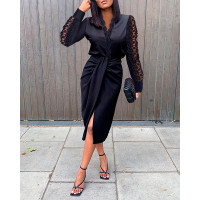 Contrast Lace Long Sleeve Work Dress - black