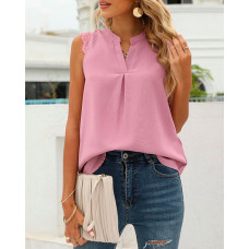 Contrast Lace Notch Neck Casual Tank Top - pink