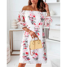 Contrast Lace Off Shoulder Floral Print Dress - style1