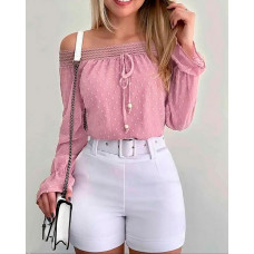 Contrast Lace Off Shoulder Swiss Dot Chiffon Top - pink