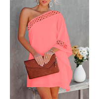 Contrast Lace One Shoulder Casual Dress - pink