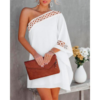 Contrast Lace One Shoulder Casual Dress - white