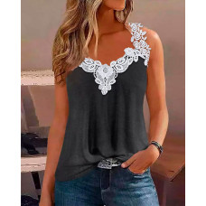 Contrast Lace Patch Tank Top - Dark grey