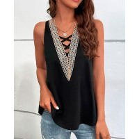 Contrast Lace Plunge Tank Top - black