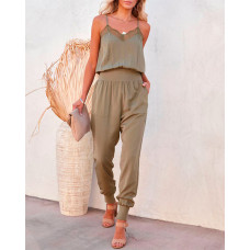 Contrast Lace Pocket Detail Casual Jumpsuit - light green