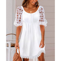 Contrast Lace Puff Sleeve Casual Dress - white