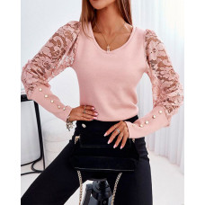 Contrast Lace Puff Sleeve V-Neck Top - pink