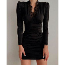 Contrast Lace Ruched Bodycon Dress - black