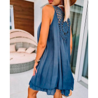 Contrast Lace Ruched Design Sleeveless Casual Dress - blue