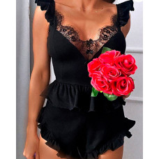 Contrast Lace Ruffle Hem Cami Set - black