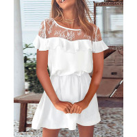 Contrast Lace Ruffle Hem Casual Dress - white