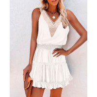 Contrast Lace Ruffle Hem Shirred Casual Dress - white