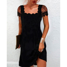 Contrast Lace Scallop Trim Casual Dress - black