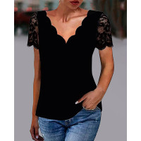 Contrast Lace Scallop Trim Top - black