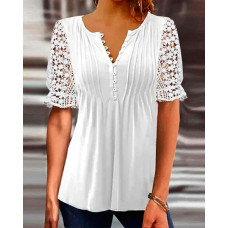 Contrast Lace Short Sleeve Button Front Top - white