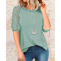 Contrast Lace Short Sleeve Casual Top - green