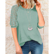 Contrast Lace Short Sleeve Casual Top - green