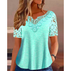 Contrast Lace Short Sleeve Top - green