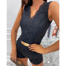 Contrast Lace Sleeveless Chain Decor Romper - black