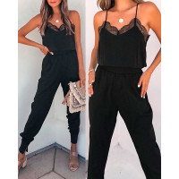 Contrast Lace Spaghetti Strap Jumpsuit - black