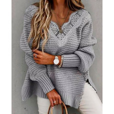 Contrast Lace Split Hem Long Sleeve Sweater - gray