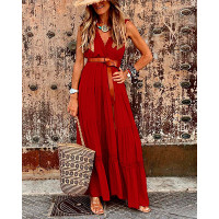 Contrast Lace Surplice Neck Sleeveless Maxi Dress - red