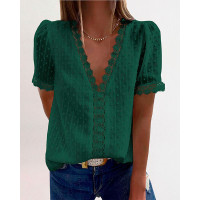 Contrast Lace Swiss Dot Puff Sleeve Chiffon Top - green