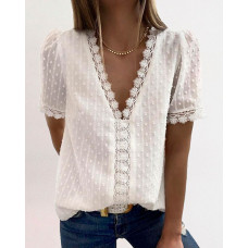 Contrast Lace Swiss Dot Puff Sleeve Chiffon Top - white