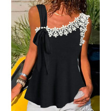 Contrast Lace Tied Detail Asymmetrical Neck Tank Top - black