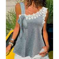 Contrast Lace Tied Detail Asymmetrical Neck Tank Top - gray