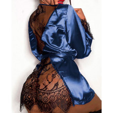 Contrast Lace Tied Detail Babydoll With Thong - blue