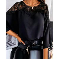 Contrast Lace Tied Detail Bell Sleeve Top - black