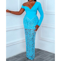 Contrast Lace V-Neck Bodycon Dress - Lighted Blue